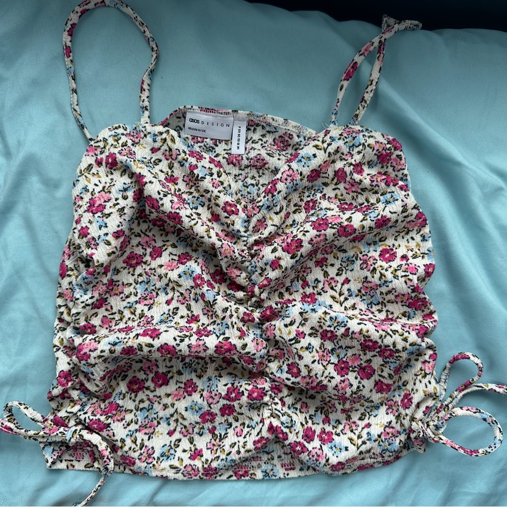 Floral side ties sweet heart neckline top